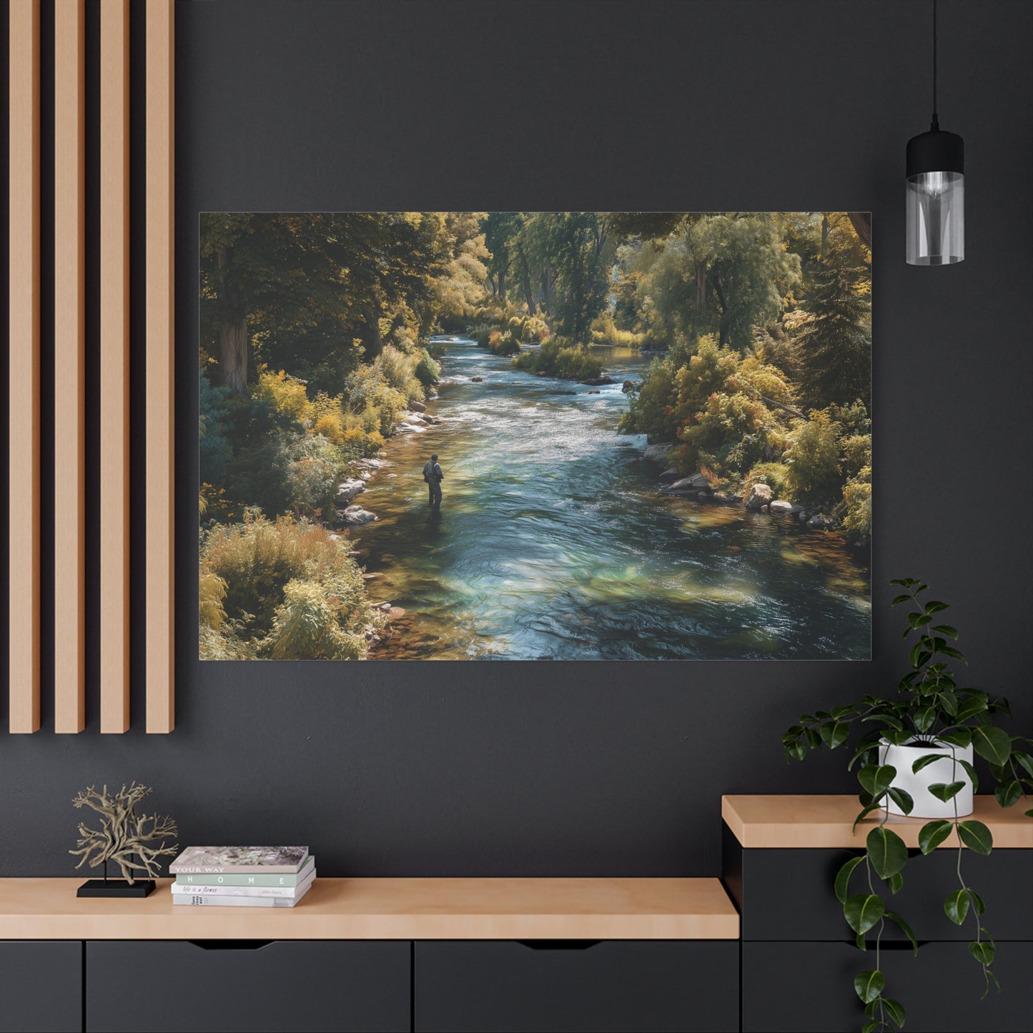 River Fishing Canvas Wall Art — Serene Forest Stream Matte Stretched Print