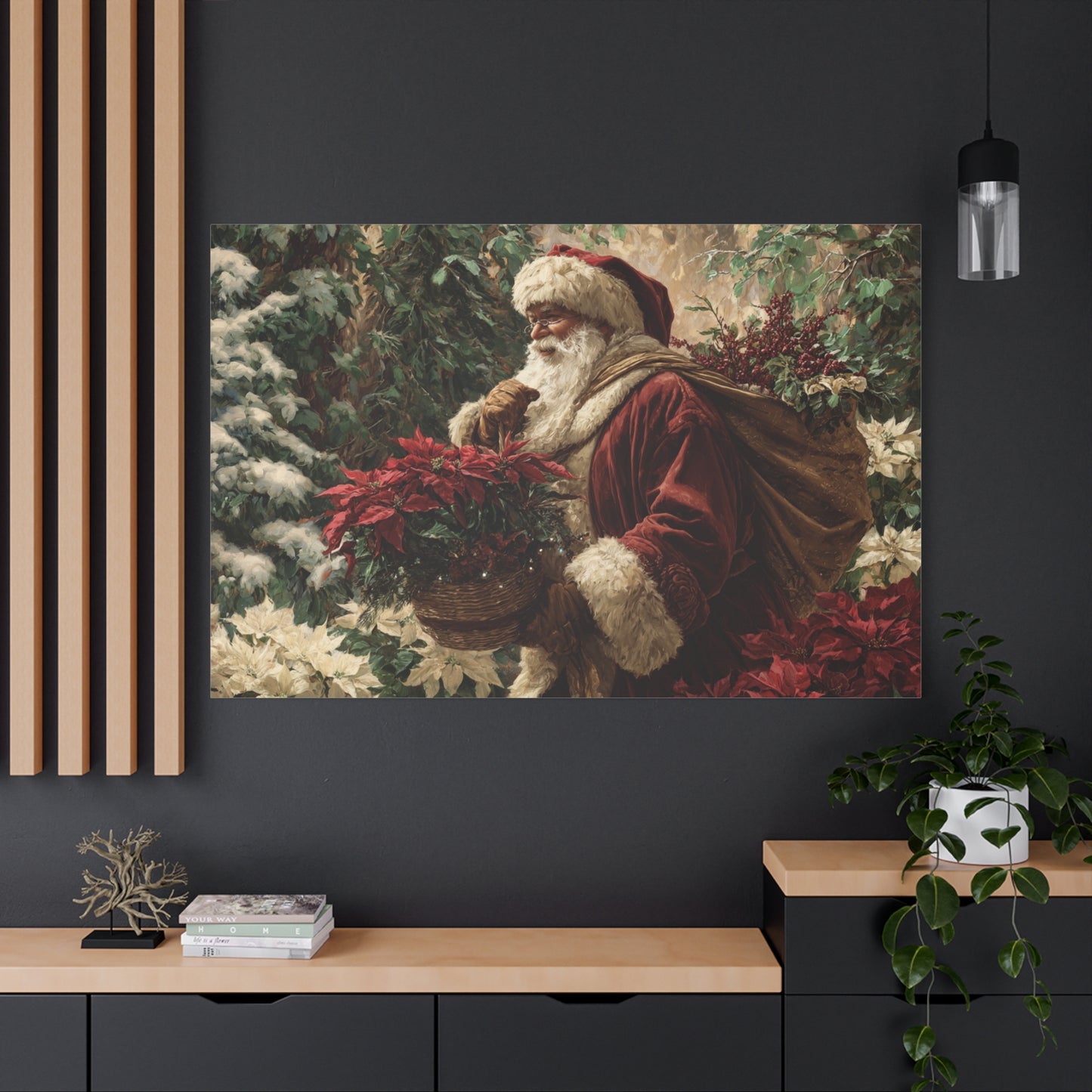 Canvas Print — Vintage Santa with Poinsettias Holiday Wall Art