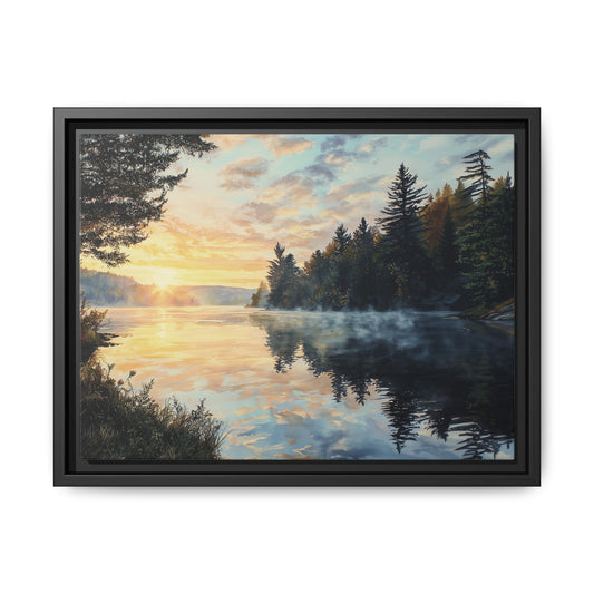 Sunrise Lake Framed Canvas Print — Forest Reflection Wall Art