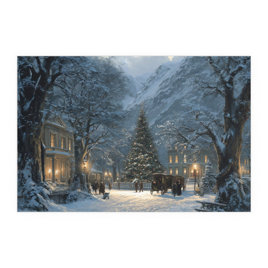Christmas Village Silk Paper Print — Snowy Holiday Street Winter Scene