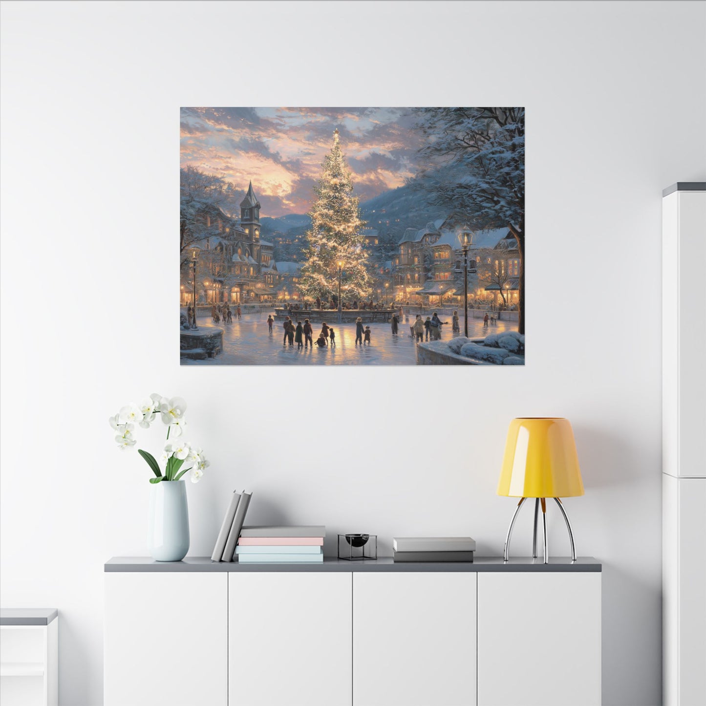 Christmas Village on Skates Canvas Wall Art — Illuminated Holiday Tree Winter Scene