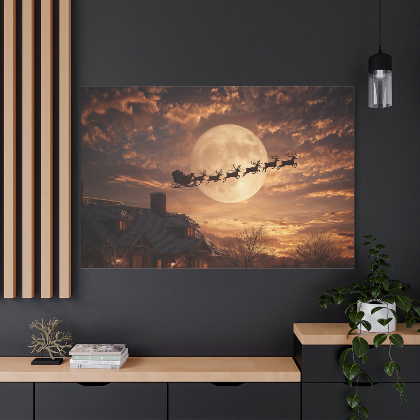 Santa's Sleigh Over Full Moon - Matte Canvas Wall Art