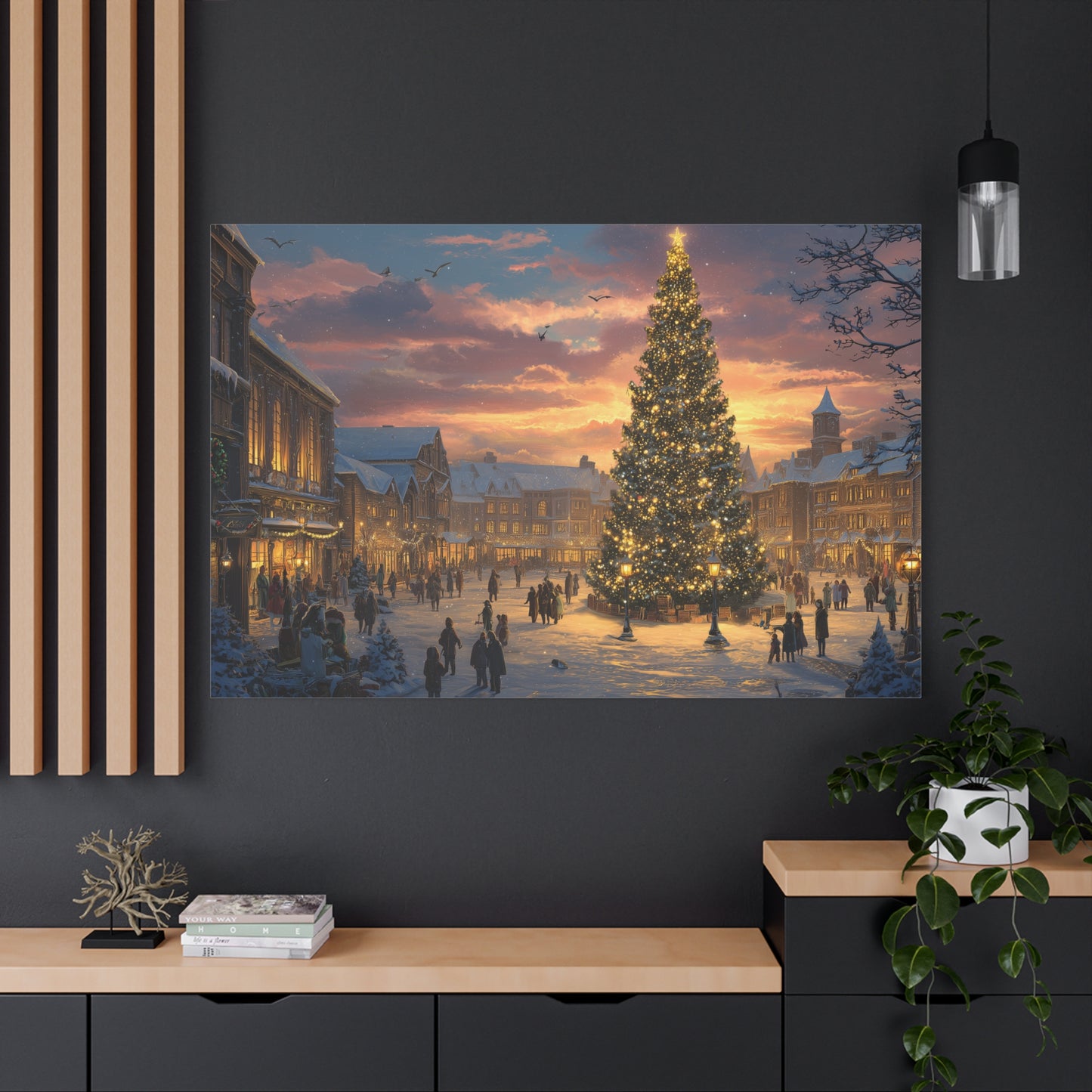Christmas Town Square Canvas Wall Art — Holiday Tree at Sunset Matte Stretched Canvas