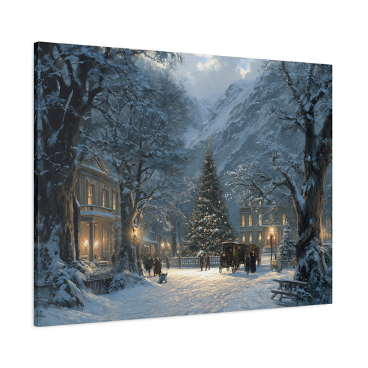 Christmas Village Canvas Print — Snowy Holiday Street Winter Tree Scene