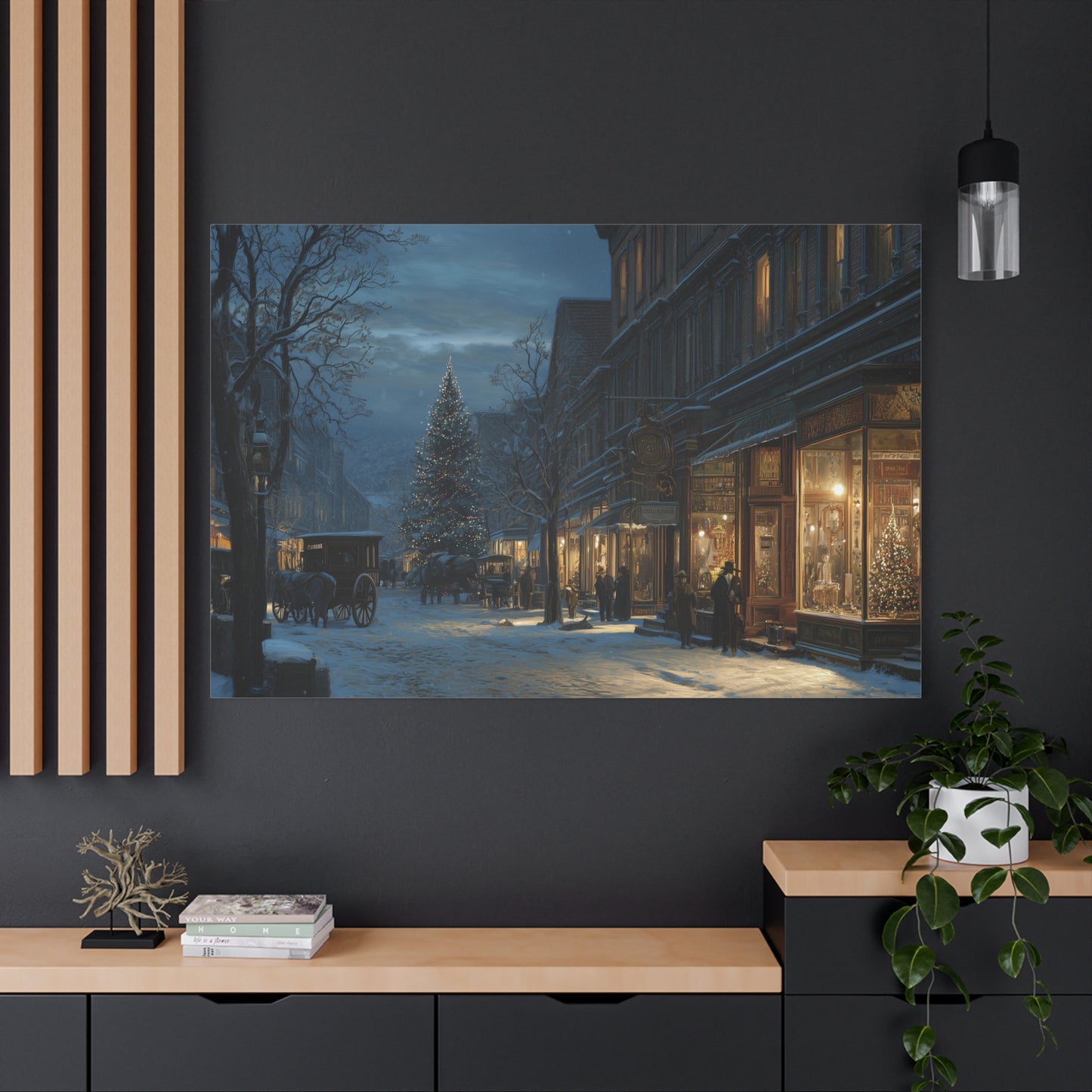 Victorian Christmas Street Canvas — Snowy Night Holiday Wall Art