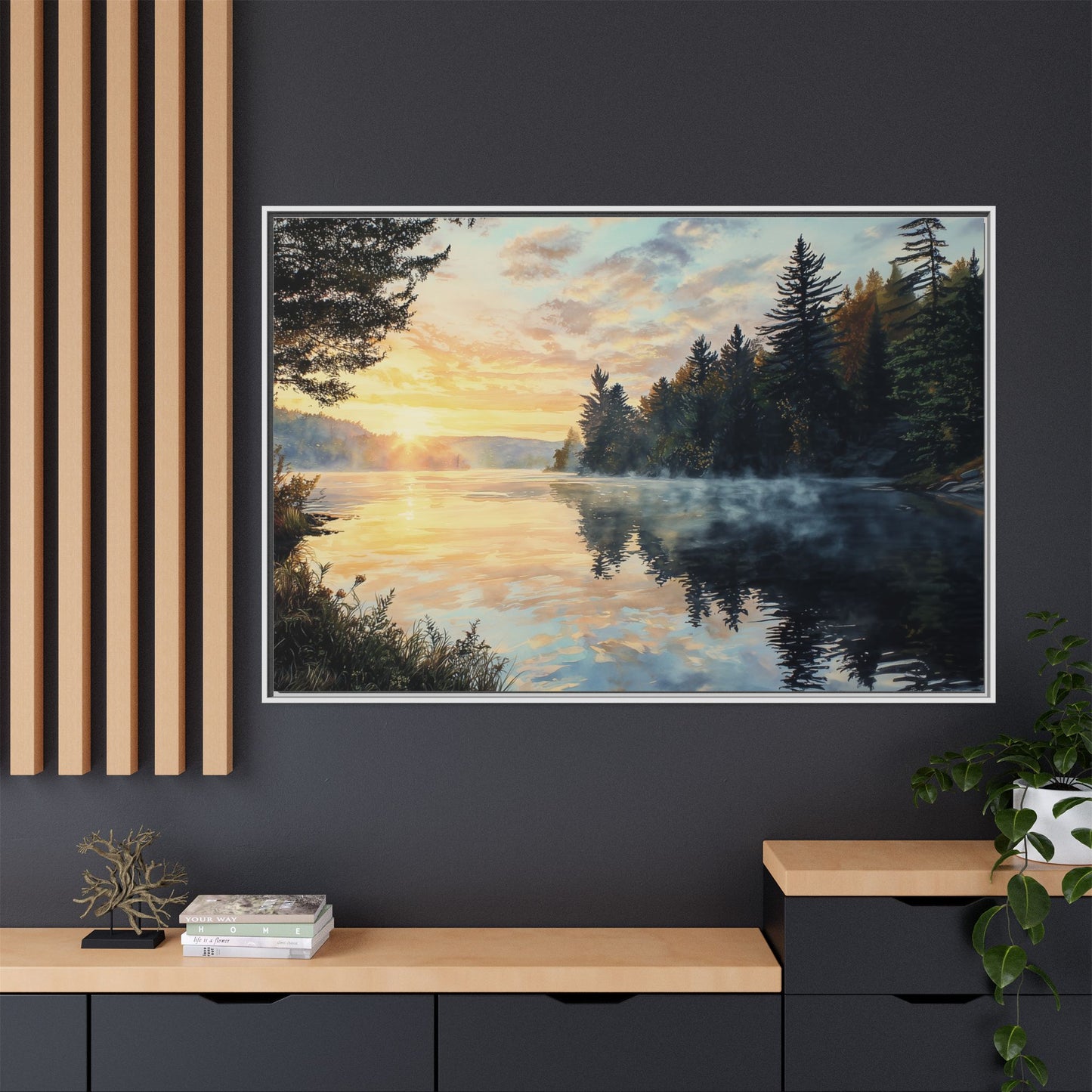 Sunrise Lake Framed Canvas Print — Forest Reflection Wall Art
