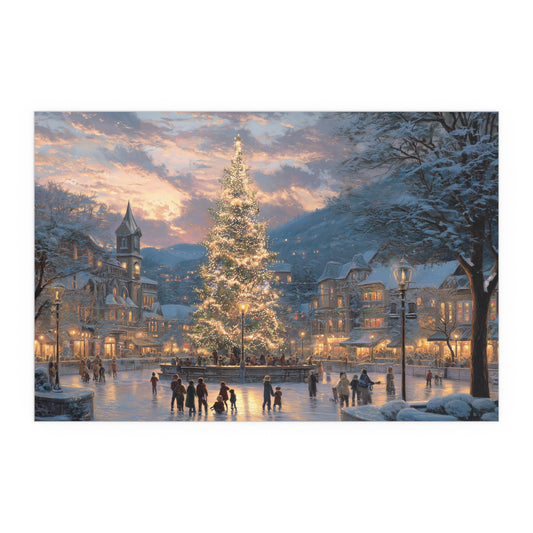 Christmas Village on Skates Silk Print — Illuminated Holiday Tree Winter Scene