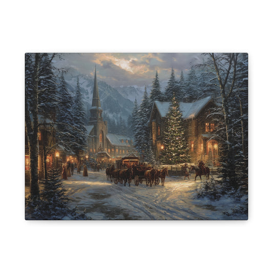 Winter scene with a church, houses, and people on a snowy street.