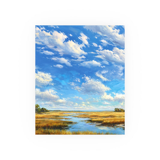Scenic view of a marshland with a blue sky and clouds