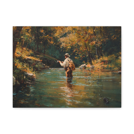 Vintage Fly Fisherman River Scene Matte Stretched Canvas (1.25")