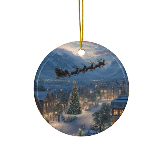 Star Ceramic Ornament – Santa Over Snowy Village Christmas Tree Holiday Decoration