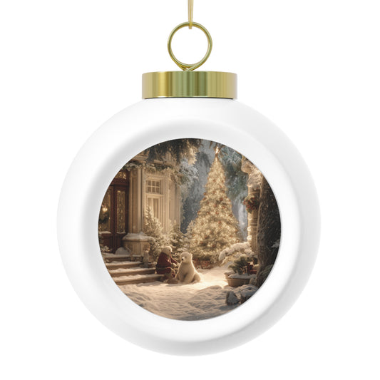 Vintage Snowy House Christmas Ornament — Poinsettia & Candle Holiday Ball