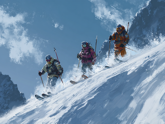 Three skiers descending a snowy mountain with a clear blue sky.