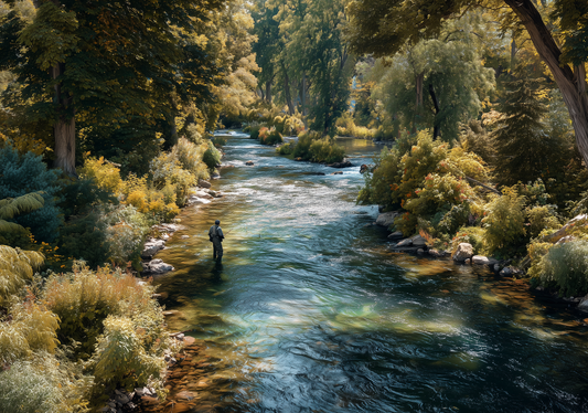 River Fishing — Serene Forest Silk Paper Print