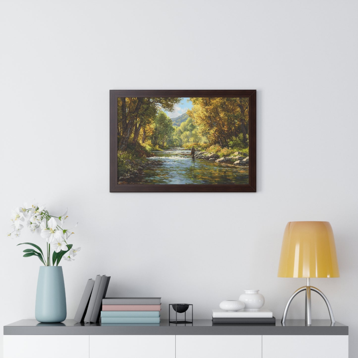 River Fly Fishing Art Print for Cabin & Living Room - Framed Landscape Print