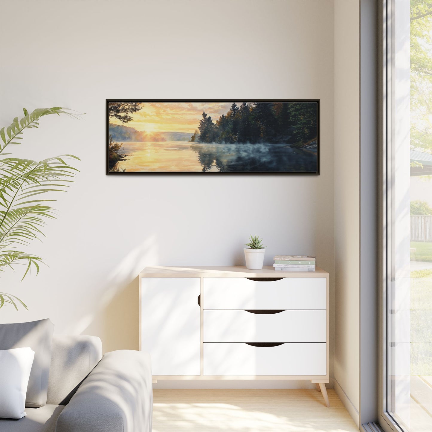 Sunrise Lake Framed Canvas Print — Forest Reflection Wall Art