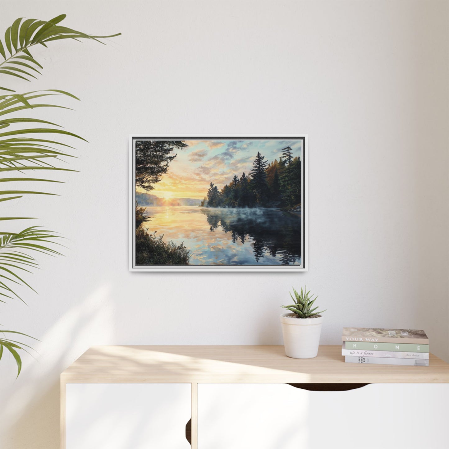 Sunrise Lake Framed Canvas Print — Forest Reflection Wall Art