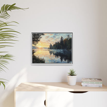 Sunrise Lake Framed Canvas Print — Forest Reflection Wall Art