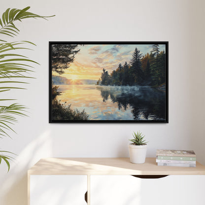 Sunrise Lake Framed Canvas Print — Forest Reflection Wall Art