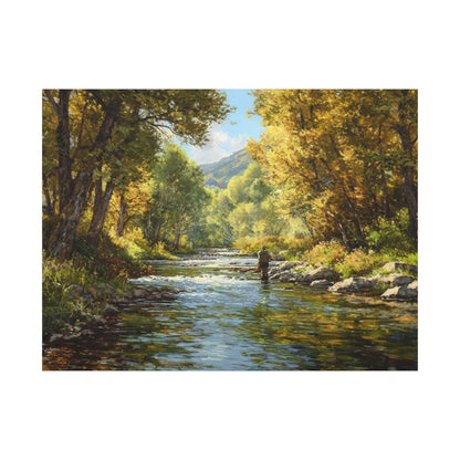 Autumn River Fly Fishing Matte Stretched Canvas
