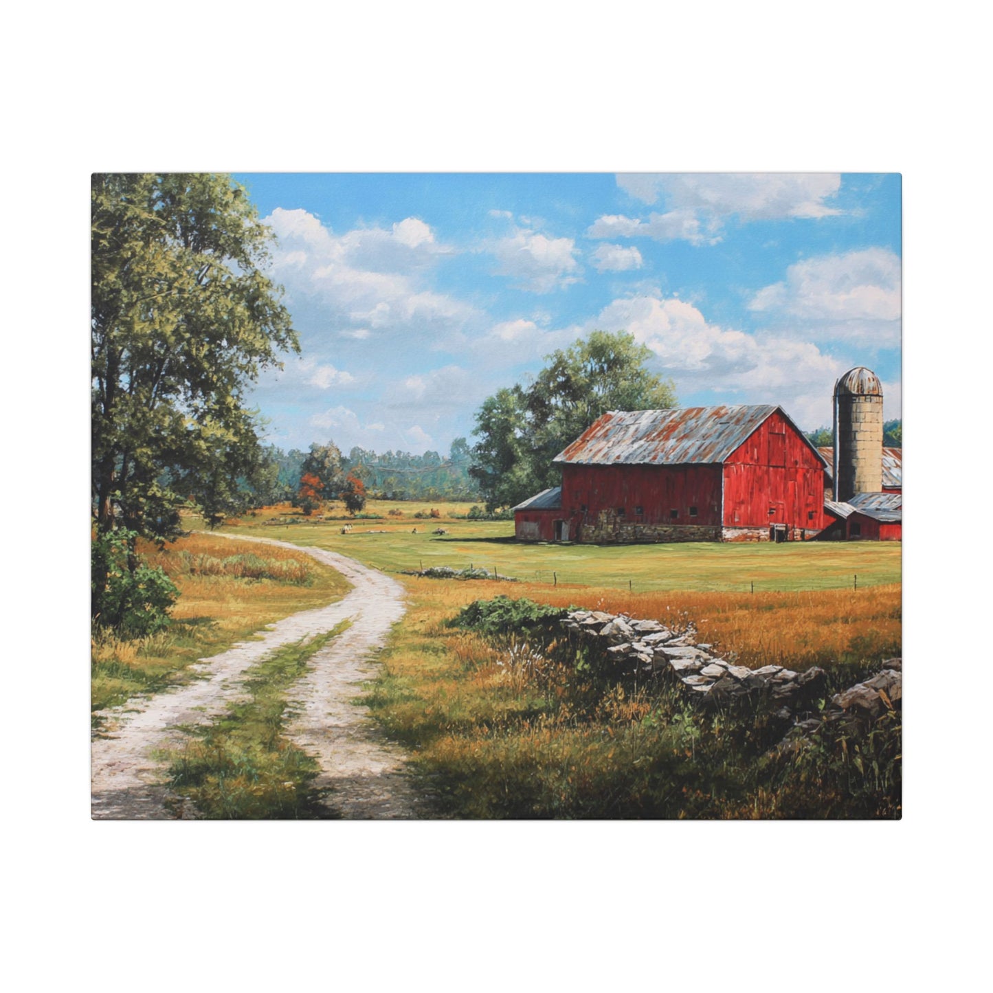 Country Farmhouse Canvas Wall Art — Red Barn Road Landscape Matte Stretched Print