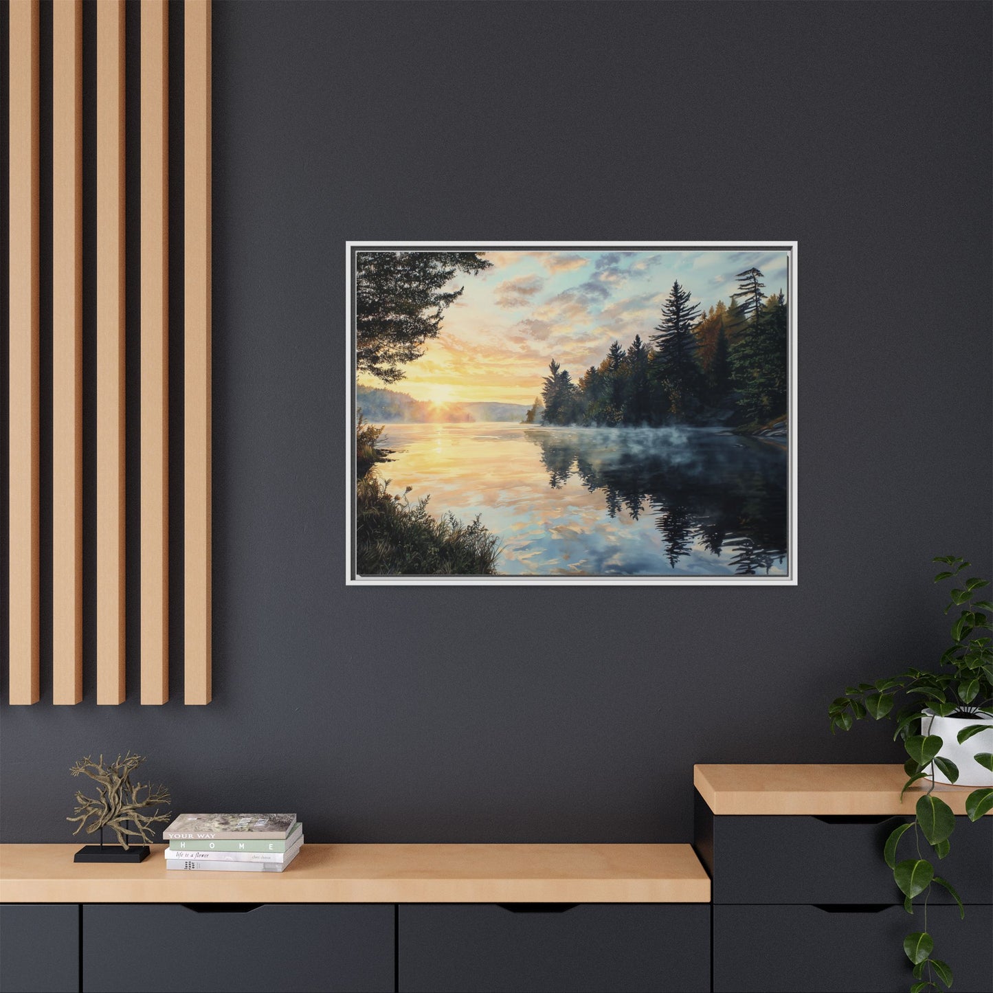 Sunrise Lake Framed Canvas Print — Forest Reflection Wall Art