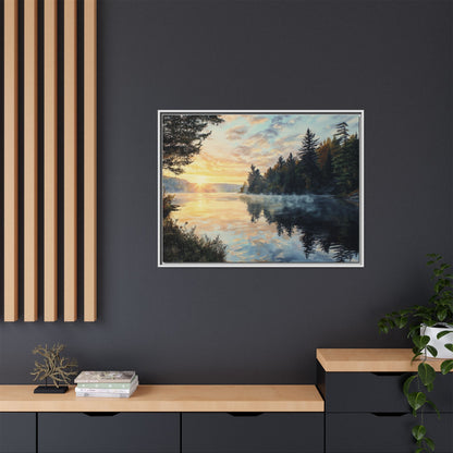 Sunrise Lake Framed Canvas Print — Forest Reflection Wall Art