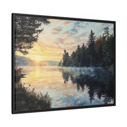 Sunrise Lake Framed Canvas Print — Forest Reflection Wall Art