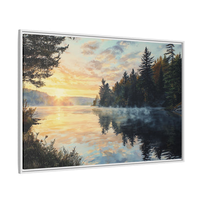 Sunrise Lake Framed Canvas Print — Forest Reflection Wall Art