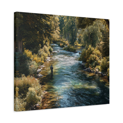 River Fishing Canvas Wall Art — Serene Forest Stream Matte Stretched Print