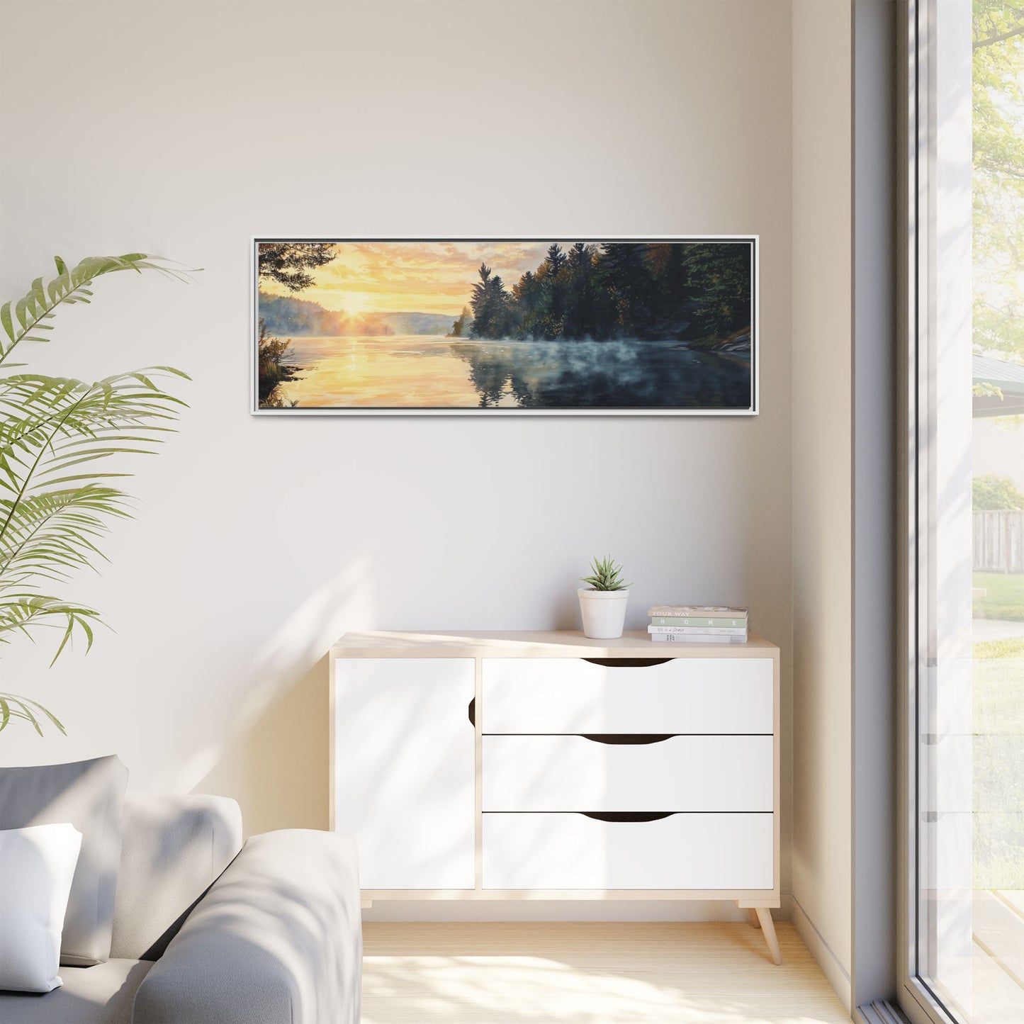 Sunrise Lake Framed Canvas Print — Forest Reflection Wall Art