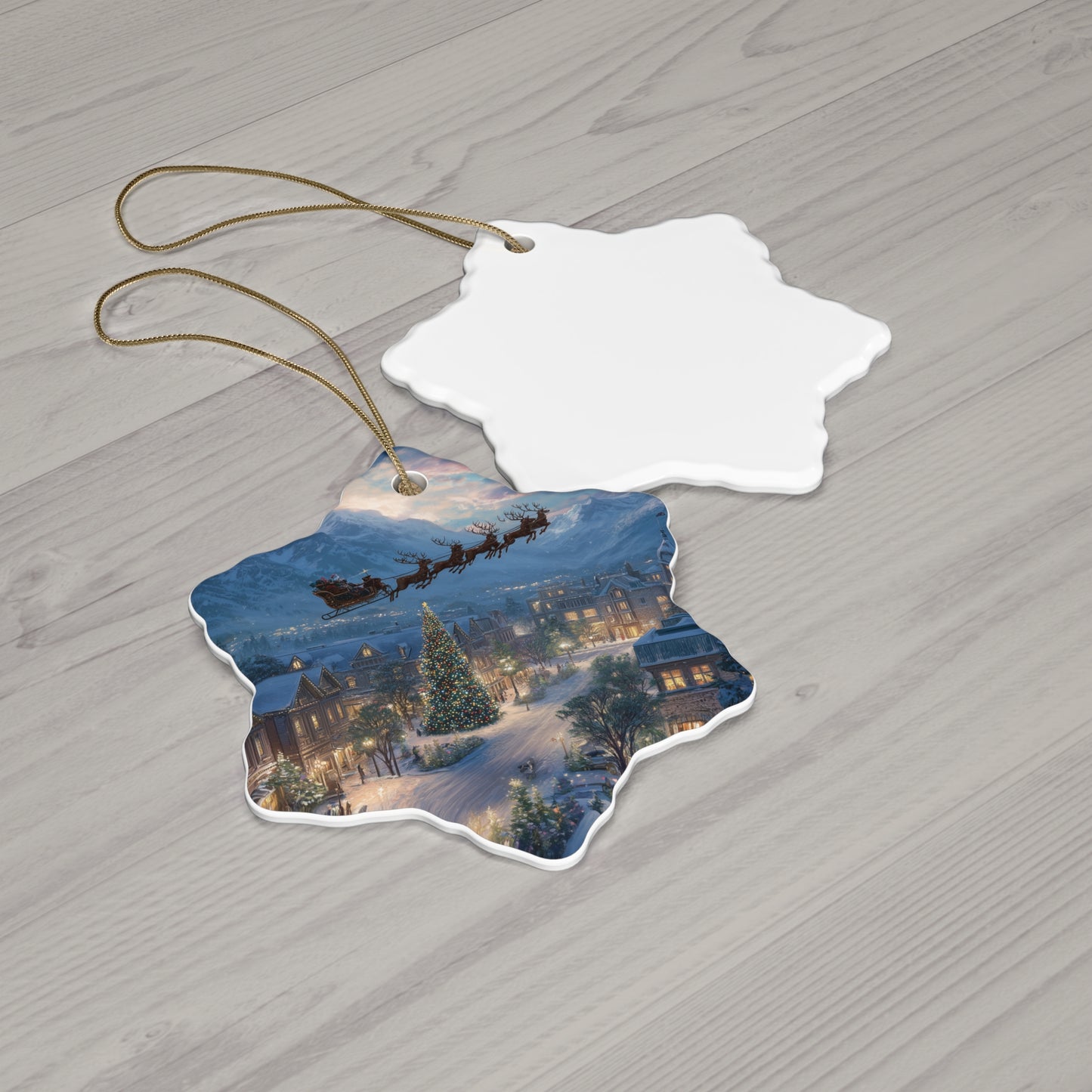 Star Ceramic Ornament – Santa Over Snowy Village Christmas Tree Holiday Decoration