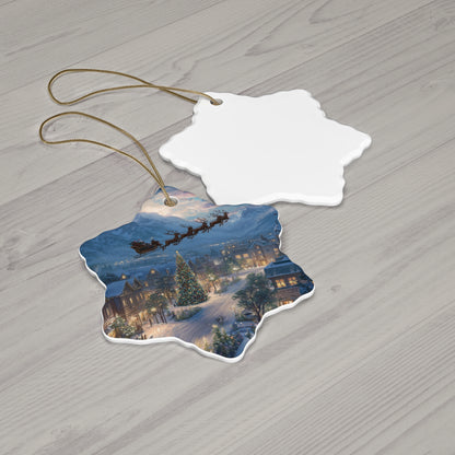 Star Ceramic Ornament – Santa Over Snowy Village Christmas Tree Holiday Decoration