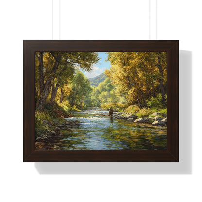 River Fly Fishing Art Print for Cabin & Living Room - Framed Landscape Print