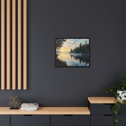 Sunrise Lake Framed Canvas Print — Forest Reflection Wall Art
