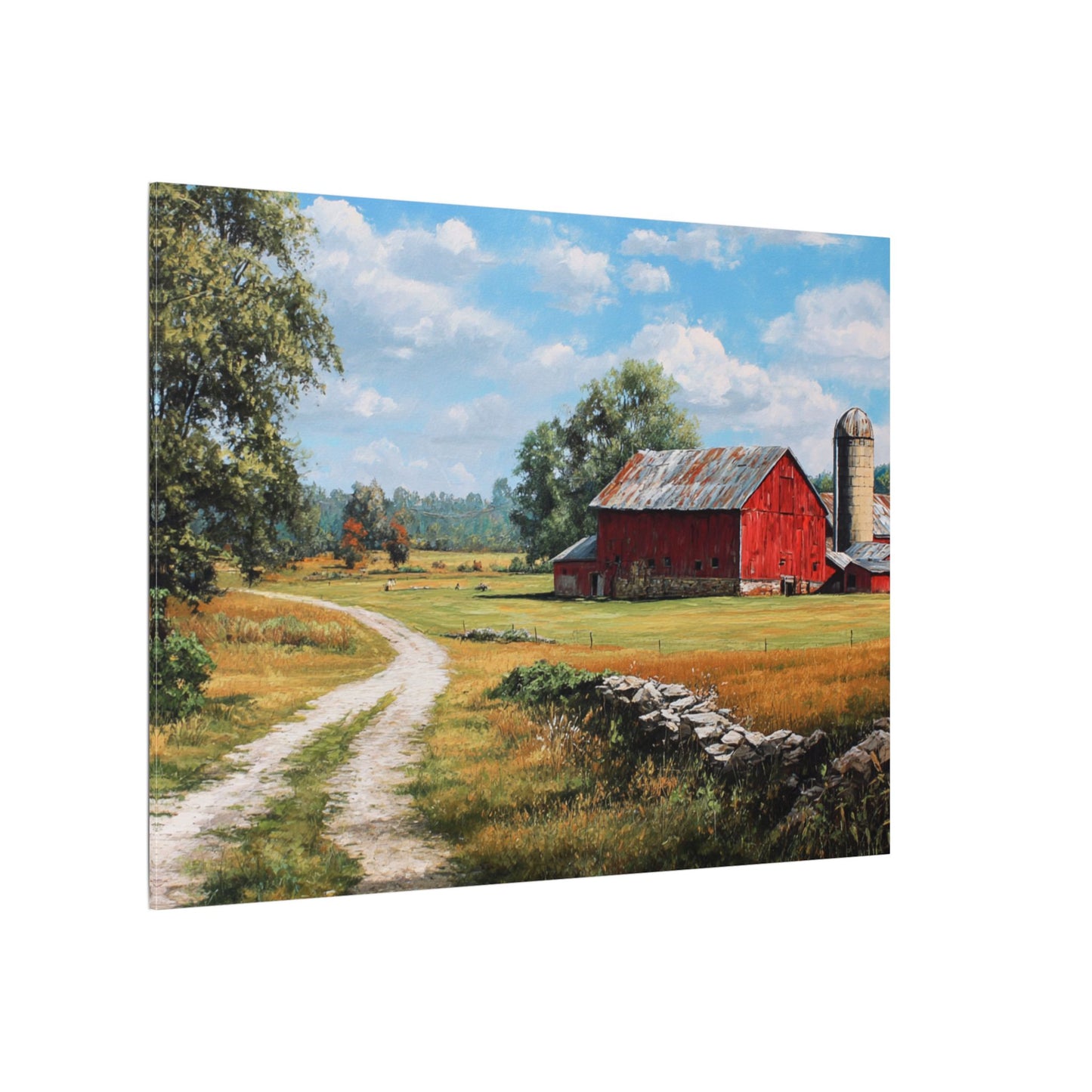 Country Farmhouse Canvas Wall Art — Red Barn Road Landscape Matte Stretched Print