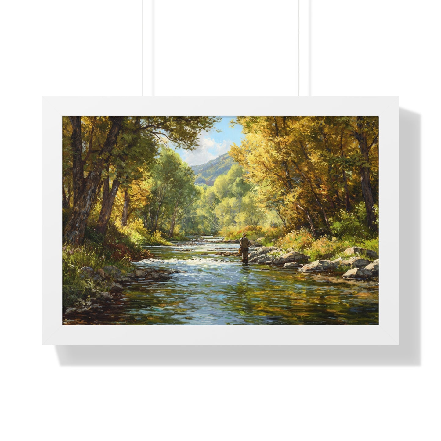 River Fly Fishing Art Print for Cabin & Living Room - Framed Landscape Print