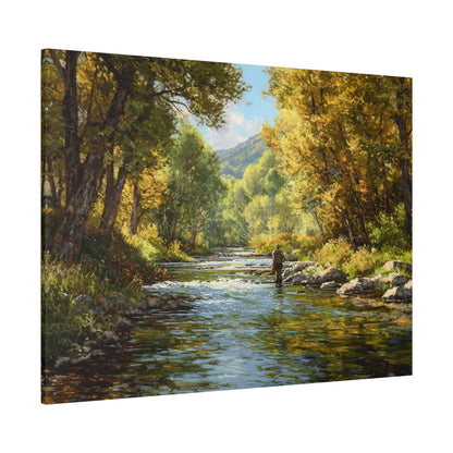 Autumn River Fly Fishing Matte Stretched Canvas