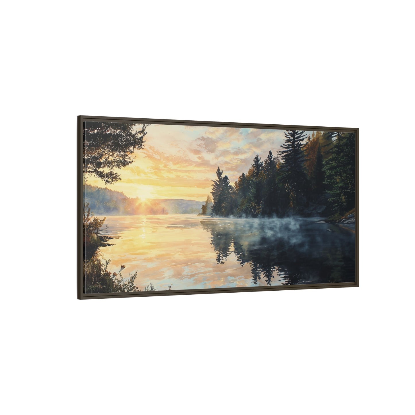 Sunrise Lake Framed Canvas Print — Forest Reflection Wall Art