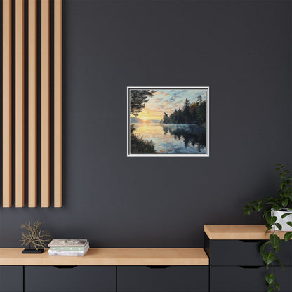 Sunrise Lake Framed Canvas Print — Forest Reflection Wall Art