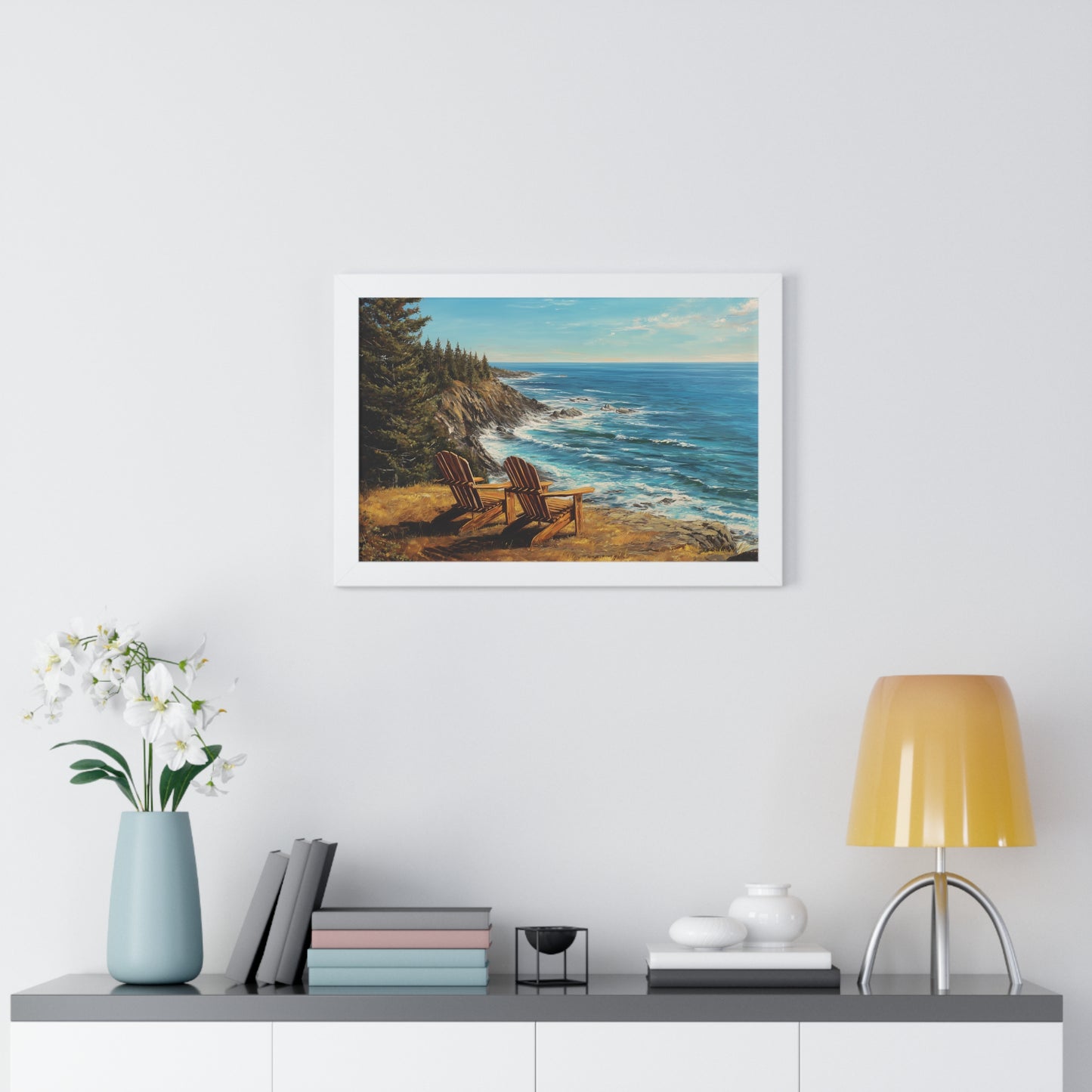 Coastal Clifftop Adirondack Chairs Framed Print — Beach Landscape Wall Art