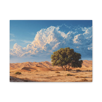 Desert Solitude Canvas Print — Lone Tree in Golden Dunes Matte Stretched Wall Art