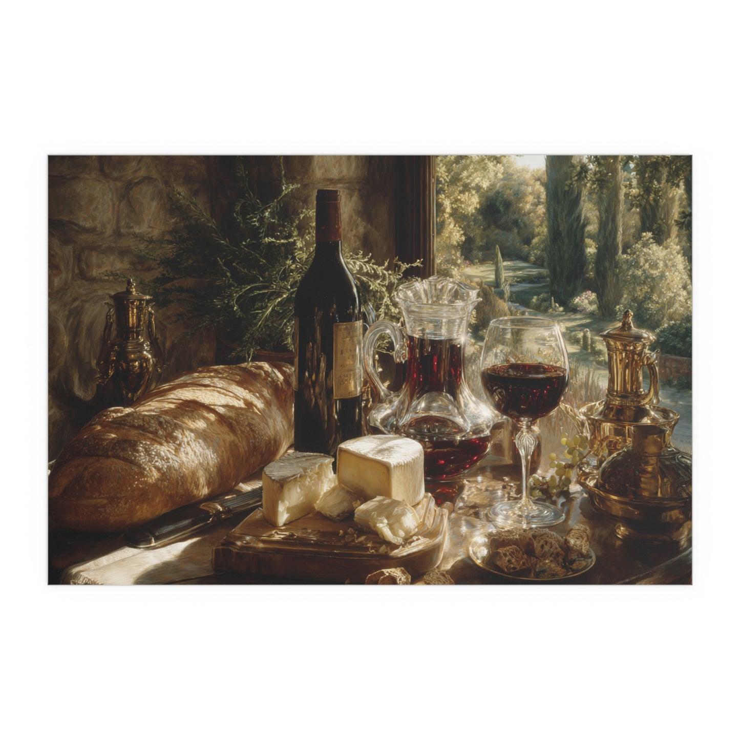 Vintage Still Life Bread Wine Cheese - Silk Paper Print