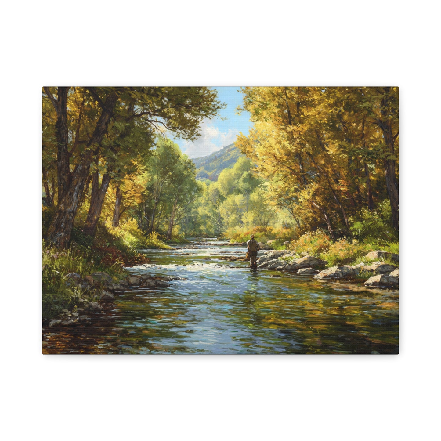 Autumn River Fly Fishing Matte Stretched Canvas