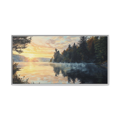 Sunrise Lake Framed Canvas Print — Forest Reflection Wall Art