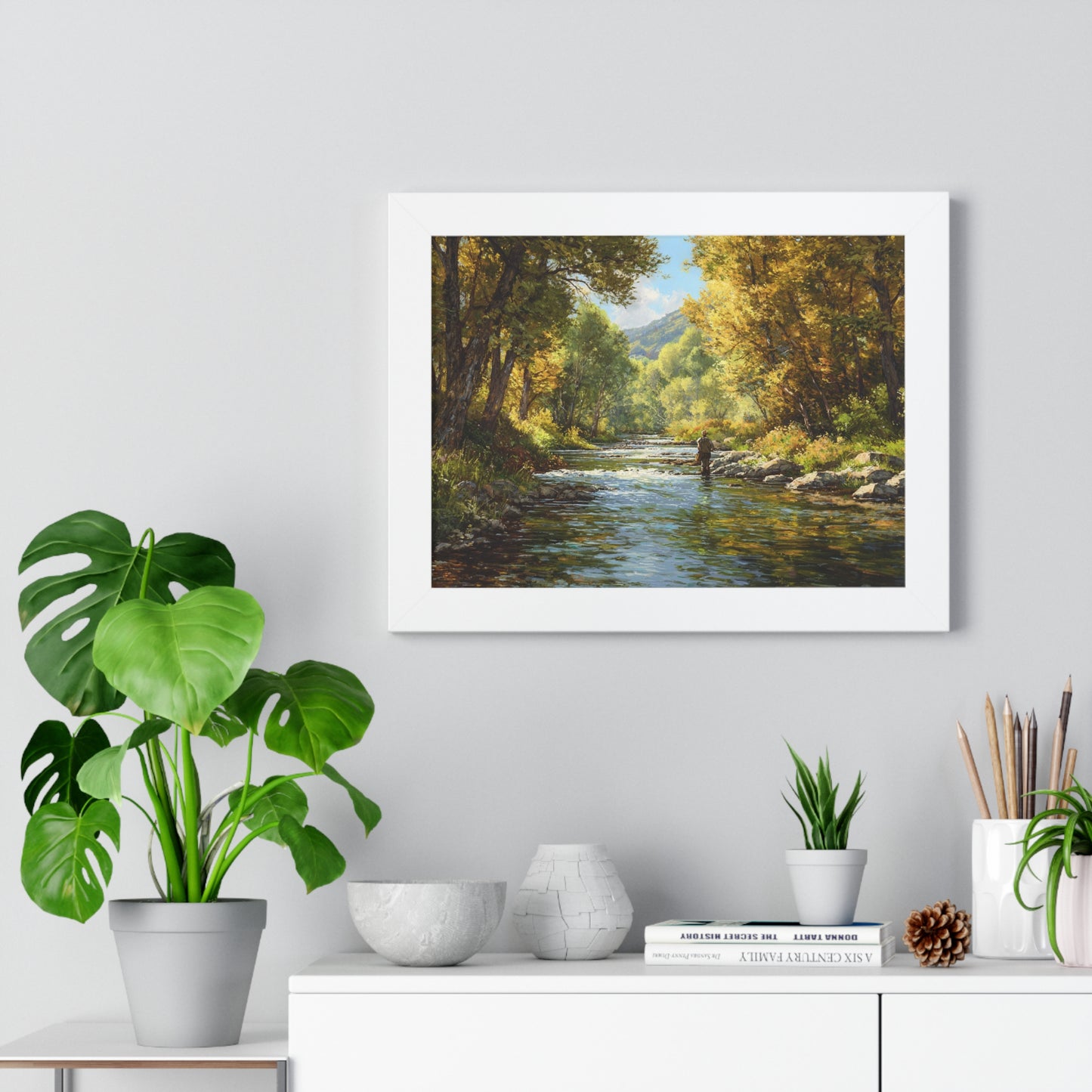 River Fly Fishing Art Print for Cabin & Living Room - Framed Landscape Print