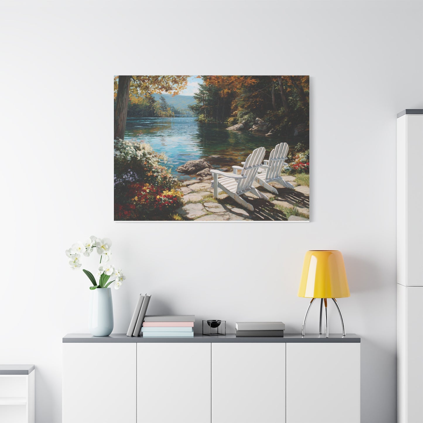 Canvas Print - Lakeside Adirondack Chairs Scenic Wall Art (Matte Stretched)