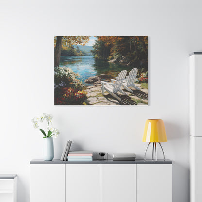 Canvas Print - Lakeside Adirondack Chairs Scenic Wall Art (Matte Stretched)