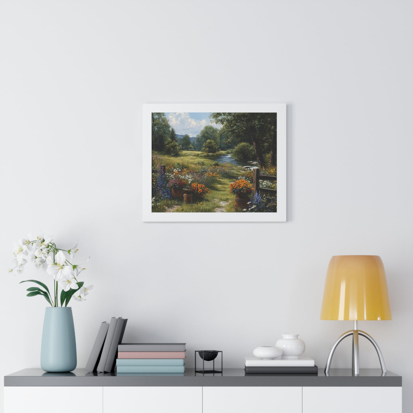 Serene Country Meadow Landscape Print - Framed Print