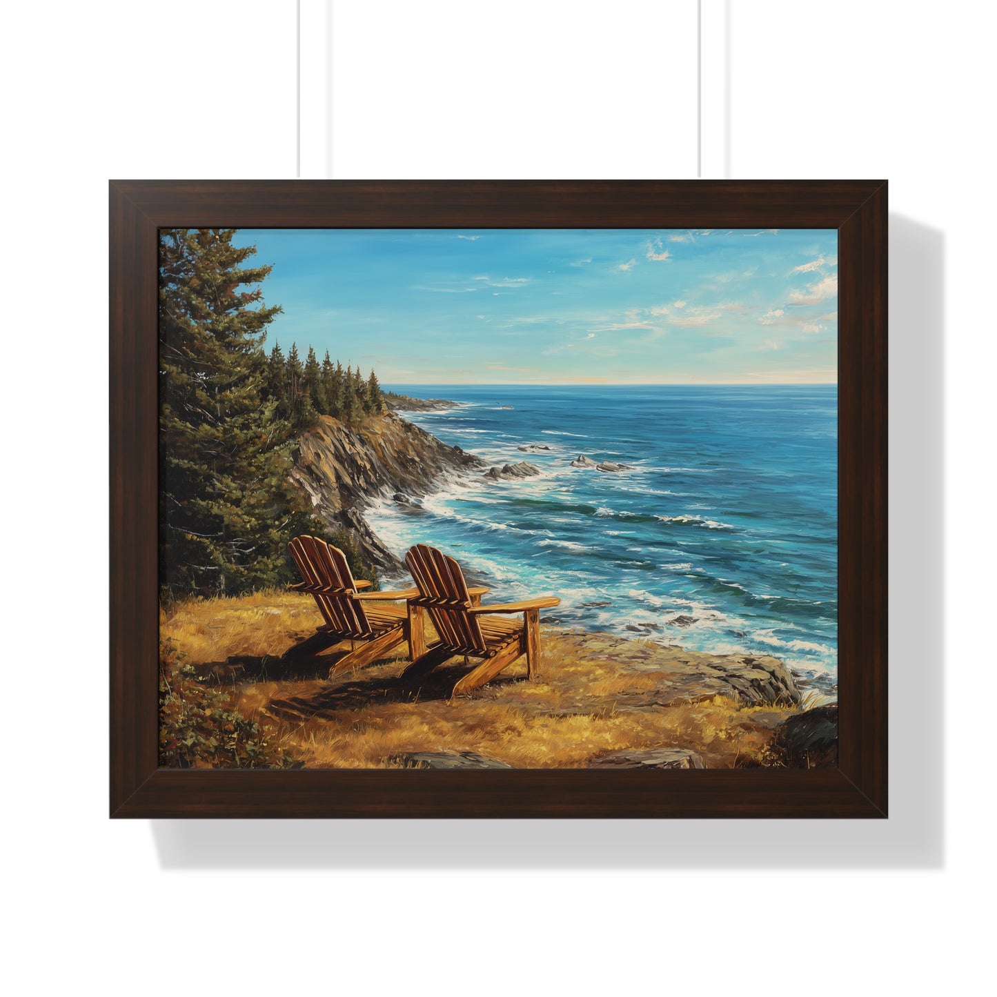 Coastal Clifftop Adirondack Chairs Framed Print — Beach Landscape Wall Art